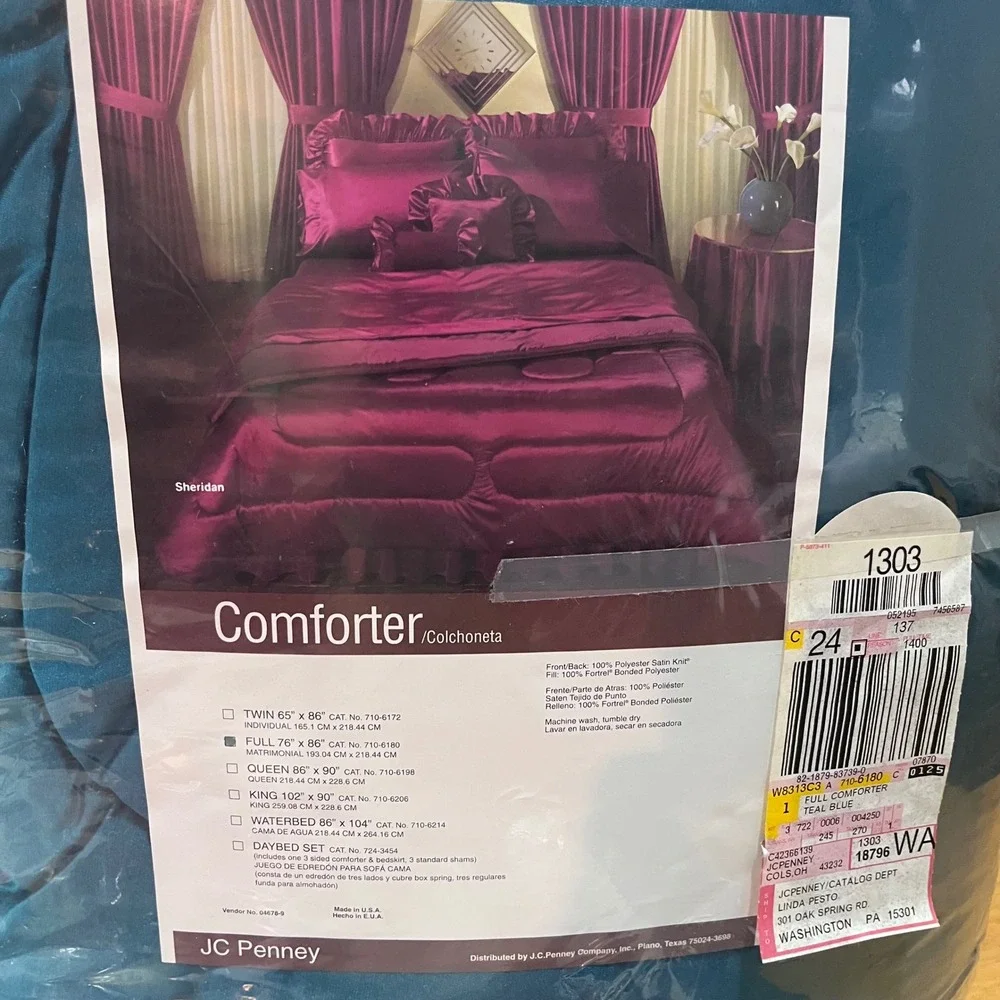 Vtg JCPenney Sheridan Ceylon‎ Teal Blue Satin Full Comforter Bedskirt Sham Set